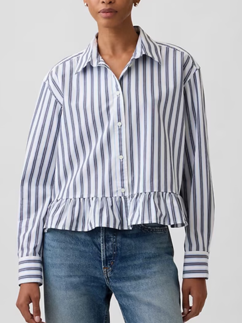 GAP Green and White Striped Ruffle-Hem Button Down Shirt